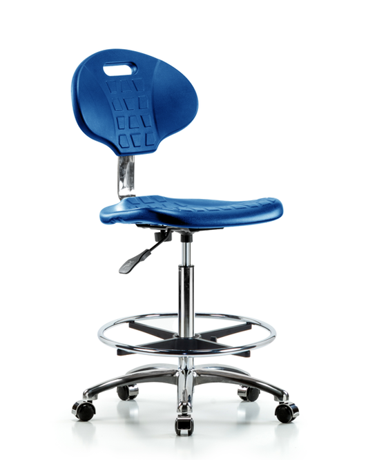 Blue Ridge Ergonomics CLR-TPHBCH-CR-A0-CF-CC-BLU Class 10 Erie Polyurethane Clean Room Chair - High Bench Height with Chrome Foot Ring & Casters in Blue Polyurethane