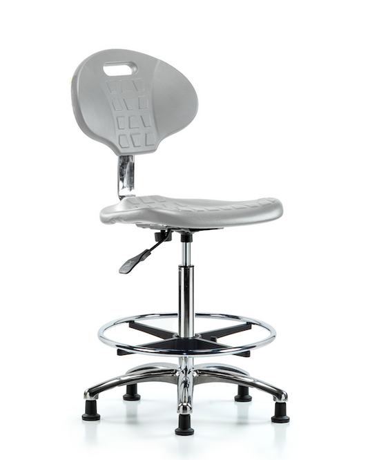 Blue Ridge Ergonomics CLR-TPHBCH-CR-A0-CF-RG-GRY Class 10 Erie Polyurethane Clean Room Chair - High Bench Height with Chrome Foot Ring & Stationary Glides in Gray Polyurethane