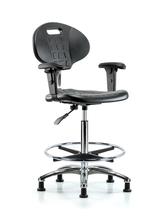 Blue Ridge Ergonomics CLR-TPHBCH-CR-A1-CF-RG-BLK Class 100 Erie Polyurethane Clean Room Chair - High Bench Height with Adjustable Arms, Chrome Foot Ring & Stationary Glides in Black Polyurethane