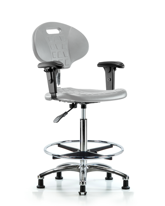 Blue Ridge Ergonomics CLR-TPHBCH-CR-A1-CF-RG-GRY Class 100 Erie Polyurethane Clean Room Chair - High Bench Height with Adjustable Arms, Chrome Foot Ring & Stationary Glides in Gray Polyurethane