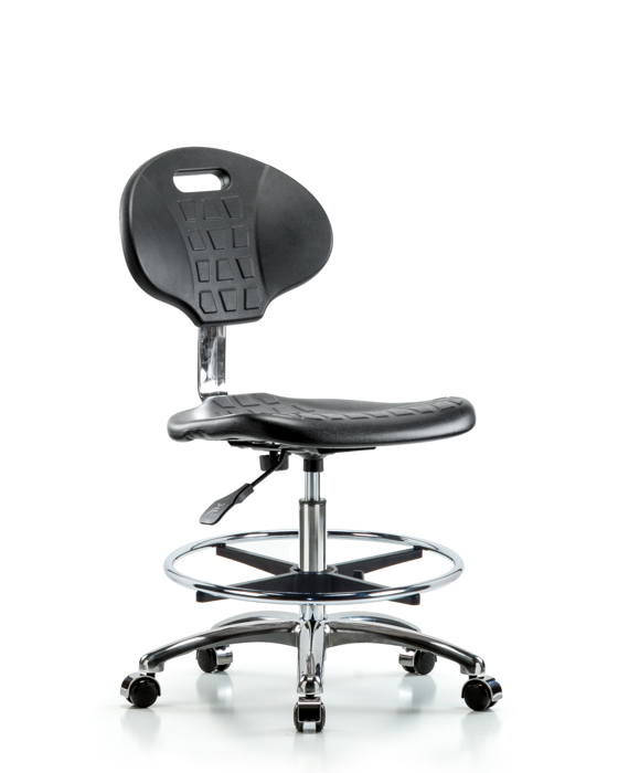 Blue Ridge Ergonomics CLR-TPMBCH-CR-A0-CF-CC-BLK Class 10 Erie Polyurethane Clean Room Chair - Medium Bench Height with Chrome Foot Ring & Casters in Black Polyurethane