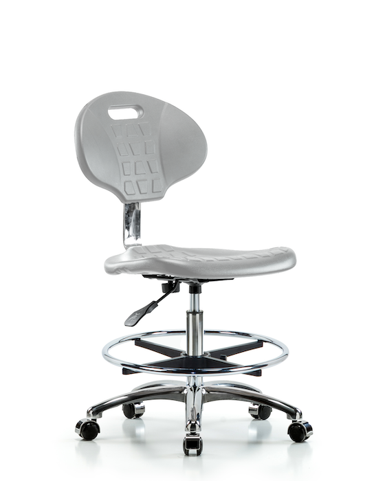 Blue Ridge Ergonomics CLR-TPMBCH-CR-A0-CF-CC-GRY Class 10 Erie Polyurethane Clean Room Chair - Medium Bench Height with Chrome Foot Ring & Casters in Gray Polyurethane