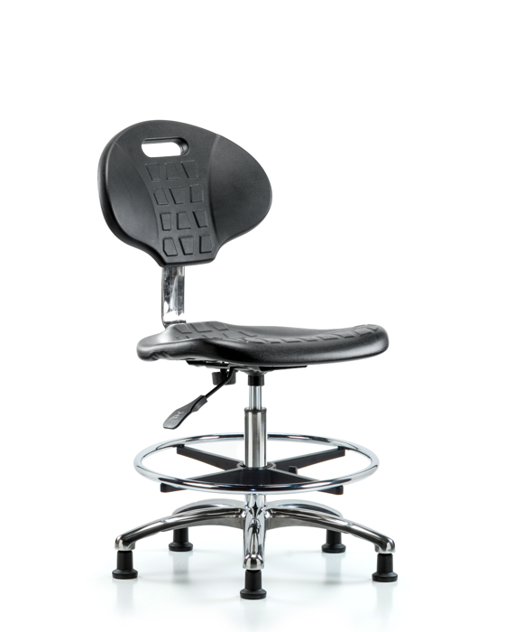 Blue Ridge Ergonomics CLR-TPMBCH-CR-A0-CF-RG-BLK Class 10 Erie Polyurethane Clean Room Chair - Medium Bench Height with Chrome Foot Ring & Stationary Glides in Black Polyurethane