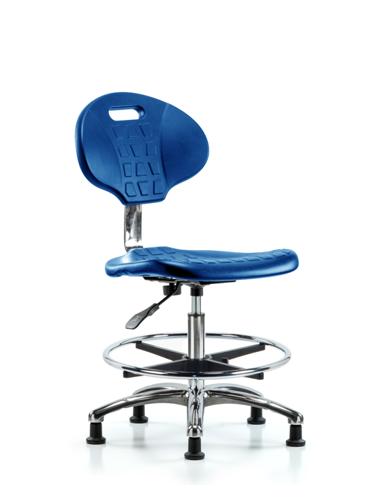 Blue Ridge Ergonomics CLR-TPMBCH-CR-A0-CF-RG-BLU Class 10 Erie Polyurethane Clean Room Chair - Medium Bench Height with Chrome Foot Ring & Stationary Glides in Blue Polyurethane