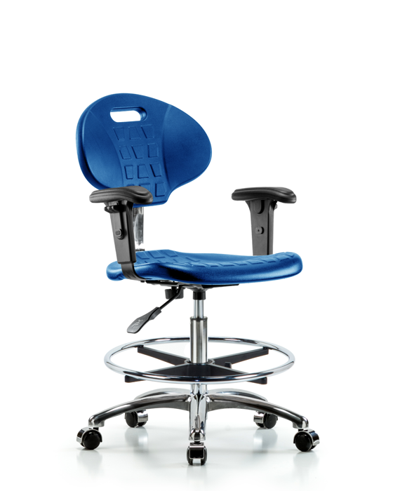 Blue Ridge Ergonomics CLR-TPMBCH-CR-A1-CF-CC-BLU Class 100 Erie Polyurethane Clean Room Chair - Medium Bench Height with Adjustable Arms, Chrome Foot Ring, & Casters in Blue Polyurethane