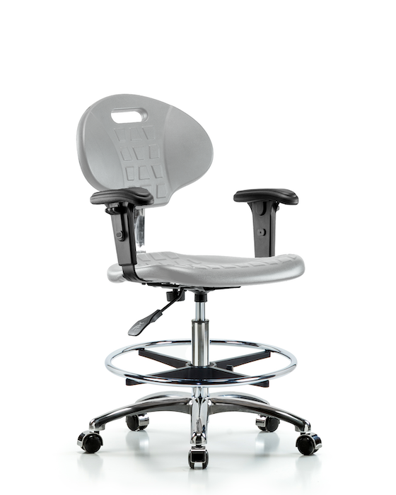 Blue Ridge Ergonomics CLR-TPMBCH-CR-A1-CF-CC-GRY Class 100 Erie Polyurethane Clean Room Chair - Medium Bench Height with Adjustable Arms, Chrome Foot Ring, & Casters in Gray Polyurethane