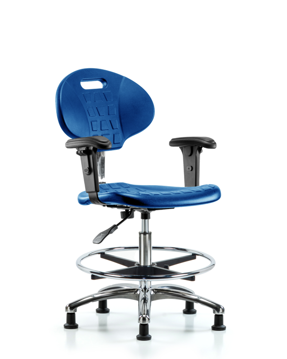Blue Ridge Ergonomics CLR-TPMBCH-CR-A1-CF-RG-BLU Class 100 Erie Polyurethane Clean Room Chair - Medium Bench Height with Adjustable Arms, Chrome Foot Ring & Stationary Glides in Blue Polyurethane