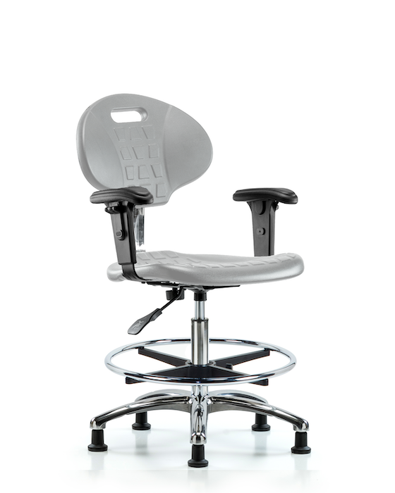 Blue Ridge Ergonomics CLR-TPMBCH-CR-A1-CF-RG-GRY Class 100 Erie Polyurethane Clean Room Chair - Medium Bench Height with Adjustable Arms, Chrome Foot Ring & Stationary Glides in Gray Polyurethane
