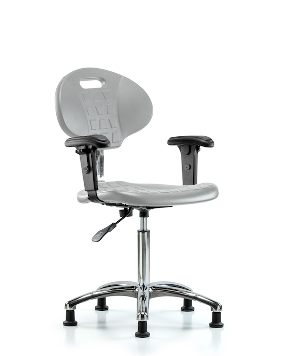 Blue Ridge Ergonomics CLR-TPMBCH-CR-A1-NF-RG-GRY Class 10 Erie Polyurethane Clean Room Chair - Medium Bench Height with Adjustable Arms & Stationary Glides in Gray Polyurethane