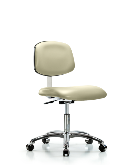 Blue Ridge Ergonomics CLR-VDHCH-CR-CC-8501 Class 10 Clean Room Vinyl Chair Chrome - Desk Height with Casters in Adobe White Trailblazer™ Vinyl