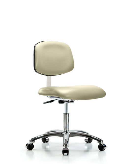 Blue Ridge Ergonomics CLR-VDHCH-CR-CC-8501 Class 10 Clean Room Vinyl Chair Chrome - Desk Height with Casters in Adobe White Trailblazer™ Vinyl
