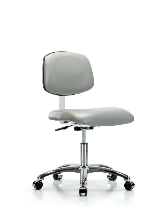 Blue Ridge Ergonomics CLR-VDHCH-CR-CC-8567 Class 10 Clean Room Vinyl Chair Chrome - Desk Height with Casters in Dove Trailblazer™ Vinyl