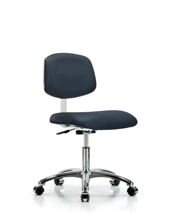 Blue Ridge Ergonomics CLR-VDHCH-CR-CC-8582 Class 10 Clean Room Vinyl Chair Chrome - Desk Height with Casters in Imperial Blue Trailblazer™ Vinyl