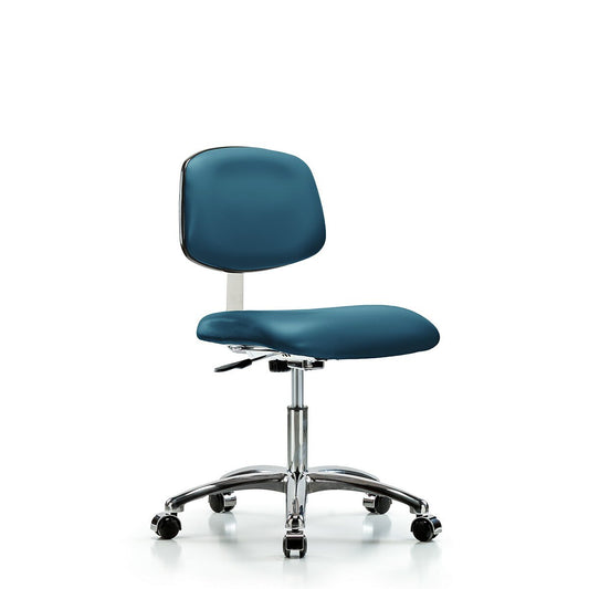 Blue Ridge Ergonomics CLR-VDHCH-CR-CC-8801 Class 10 Clean Room Vinyl Chair Chrome - Desk Height with Casters in Marine Blue Supernova™ Vinyl