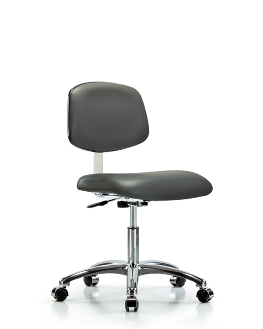 Blue Ridge Ergonomics CLR-VDHCH-CR-CC-8823 Class 10 Clean Room Vinyl Chair Chrome - Desk Height with Casters in Carbon Supernova™ Vinyl