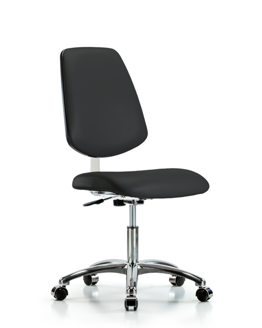 Blue Ridge Ergonomics CLR-VDHCH-MB-CR-CC-8540 Class 10 Clean Room Vinyl Chair Chrome - Desk Height with Medium Back & Casters in Black Trailblazer™ Vinyl