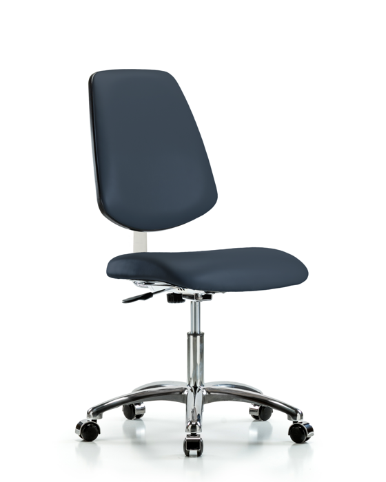 Blue Ridge Ergonomics CLR-VDHCH-MB-CR-CC-8582 Class 10 Clean Room Vinyl Chair Chrome - Desk Height with Medium Back & Casters in Imperial Blue Trailblazer™ Vinyl