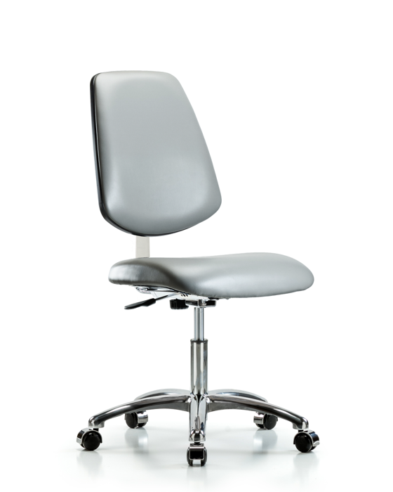 Blue Ridge Ergonomics CLR-VDHCH-MB-CR-CC-8840 Class 10 Clean Room Vinyl Chair Chrome - Desk Height with Medium Back & Casters in Sterling Supernova™ Vinyl