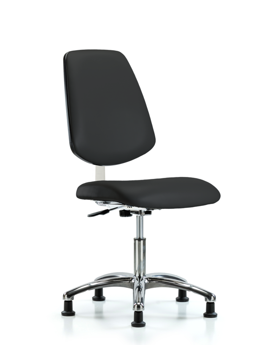 Blue Ridge Ergonomics CLR-VDHCH-MB-CR-RG-8540 Class 10 Clean Room Vinyl Chair Chrome - Desk Height with Medium Back & Stationary Glides in Black Trailblazer™ Vinyl