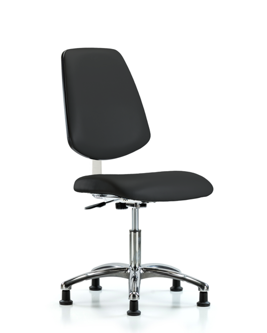 Blue Ridge Ergonomics CLR-VDHCH-MB-CR-RG-8540 Class 10 Clean Room Vinyl Chair Chrome - Desk Height with Medium Back & Stationary Glides in Black Trailblazer™ Vinyl