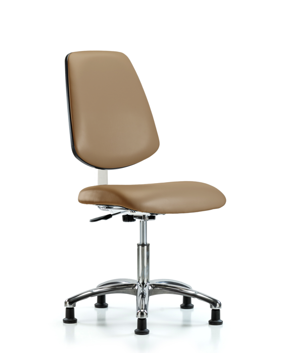 Blue Ridge Ergonomics CLR-VDHCH-MB-CR-RG-8584 Class 10 Clean Room Vinyl Chair Chrome - Desk Height with Medium Back & Stationary Glides in Taupe Trailblazer™ Vinyl