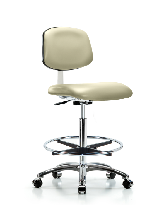 Blue Ridge Ergonomics CLR-VHBCH-CR-CF-CC-8501 Class 10 Clean Room Vinyl Chair Chrome - High Bench Height with Chrome Foot Ring & Casters in Adobe White Trailblazer™ Vinyl