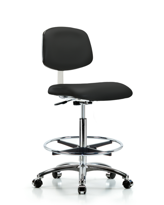Blue Ridge Ergonomics CLR-VHBCH-CR-CF-CC-8540 Class 10 Clean Room Vinyl Chair Chrome - High Bench Height with Chrome Foot Ring & Casters in Black Trailblazer™ Vinyl