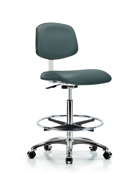 Blue Ridge Ergonomics CLR-VHBCH-CR-CF-CC-8546 Class 10 Clean Room Vinyl Chair Chrome - High Bench Height with Chrome Foot Ring & Casters in Colonial Blue Trailblazer™ Vinyl