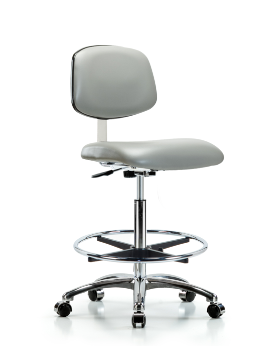 Blue Ridge Ergonomics CLR-VHBCH-CR-CF-CC-8567 Class 10 Clean Room Vinyl Chair Chrome - High Bench Height with Chrome Foot Ring & Casters in Dove Trailblazer™ Vinyl