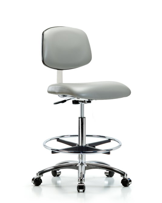 Blue Ridge Ergonomics CLR-VHBCH-CR-CF-CC-8567 Class 10 Clean Room Vinyl Chair Chrome - High Bench Height with Chrome Foot Ring & Casters in Dove Trailblazer™ Vinyl