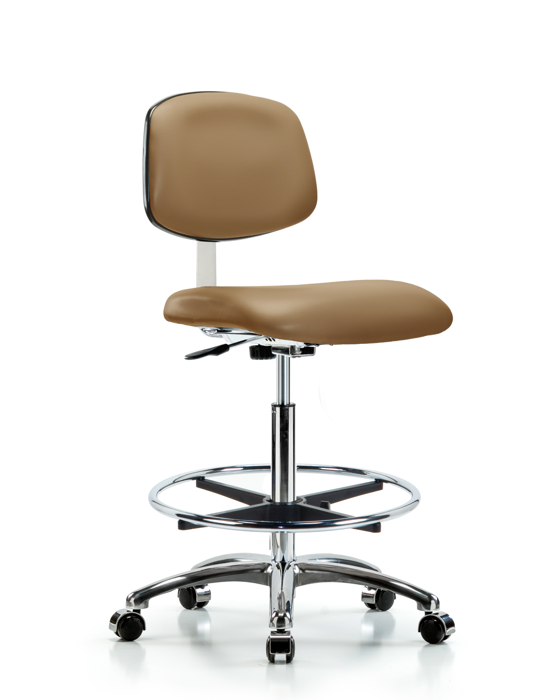 Blue Ridge Ergonomics CLR-VHBCH-CR-CF-CC-8584 Class 10 Clean Room Vinyl Chair Chrome - High Bench Height with Chrome Foot Ring & Casters in Taupe Trailblazer™ Vinyl