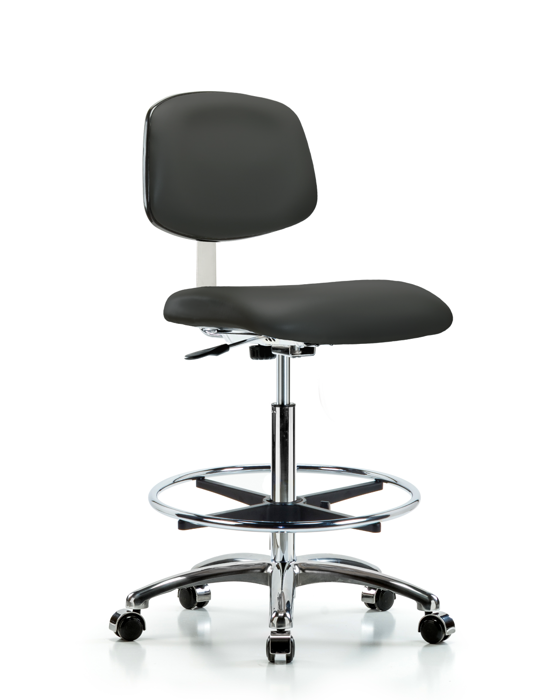 Blue Ridge Ergonomics CLR-VHBCH-CR-CF-CC-8605 Class 10 Clean Room Vinyl Chair Chrome - High Bench Height with Chrome Foot Ring & Casters in Charcoal Trailblazer™ Vinyl