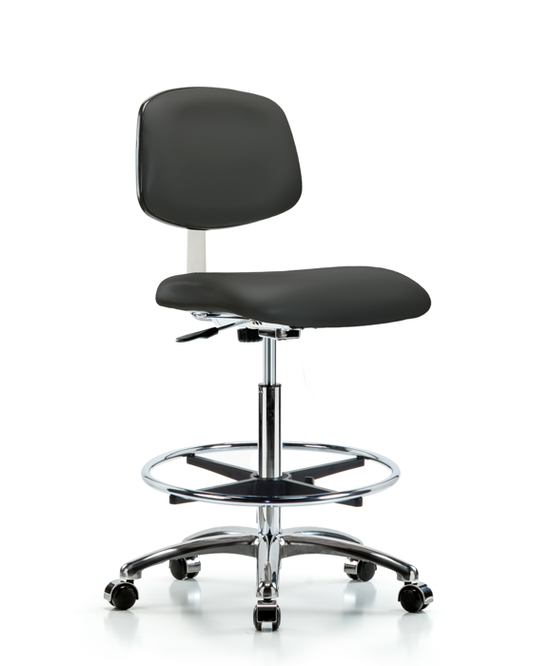 Blue Ridge Ergonomics CLR-VHBCH-CR-CF-CC-8605 Class 10 Clean Room Vinyl Chair Chrome - High Bench Height with Chrome Foot Ring & Casters in Charcoal Trailblazer™ Vinyl