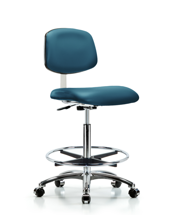 Blue Ridge Ergonomics CLR-VHBCH-CR-CF-CC-8801 Class 10 Clean Room Vinyl Chair Chrome - High Bench Height with Chrome Foot Ring & Casters in Marine Blue Supernova™ Vinyl