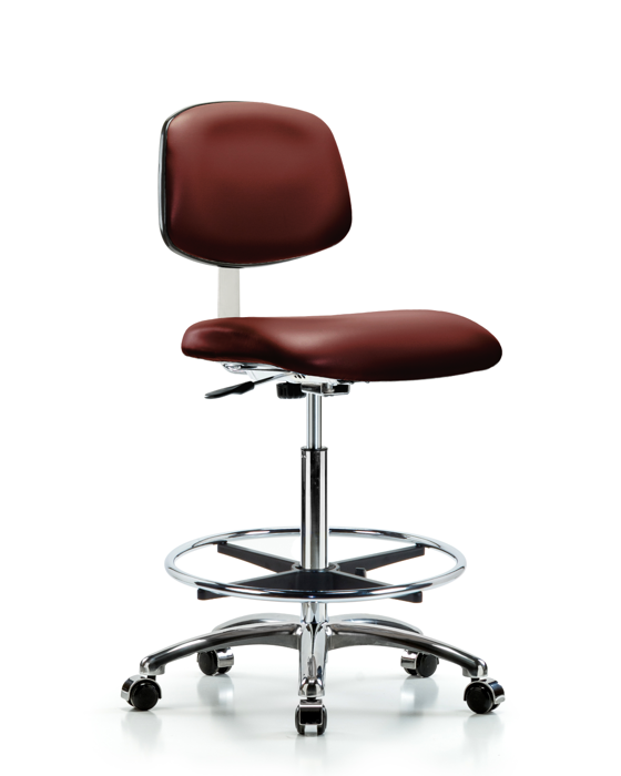Blue Ridge Ergonomics CLR-VHBCH-CR-CF-CC-8815 Class 10 Clean Room Vinyl Chair Chrome - High Bench Height with Chrome Foot Ring & Casters in Borscht Supernova™ Vinyl