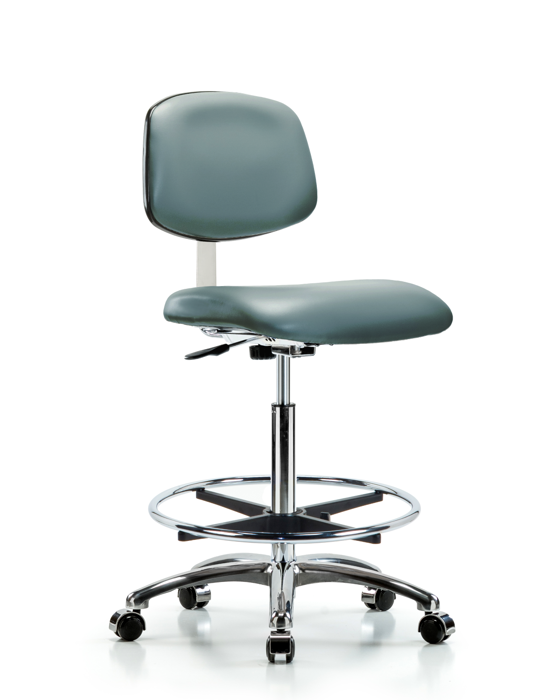 Blue Ridge Ergonomics CLR-VHBCH-CR-CF-CC-8822 Class 10 Clean Room Vinyl Chair Chrome - High Bench Height with Chrome Foot Ring & Casters in Storm Supernova™ Vinyl