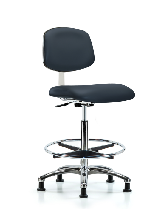 Blue Ridge Ergonomics CLR-VHBCH-CR-CF-RG-8582 Class 10 Clean Room Vinyl Chair Chrome - High Bench Height with Chrome Foot Ring & Stationary Glides in Imperial Blue Trailblazer™ Vinyl