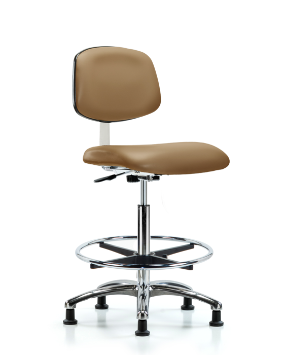 Blue Ridge Ergonomics CLR-VHBCH-CR-CF-RG-8584 Class 10 Clean Room Vinyl Chair Chrome - High Bench Height with Chrome Foot Ring & Stationary Glides in Taupe Trailblazer™ Vinyl