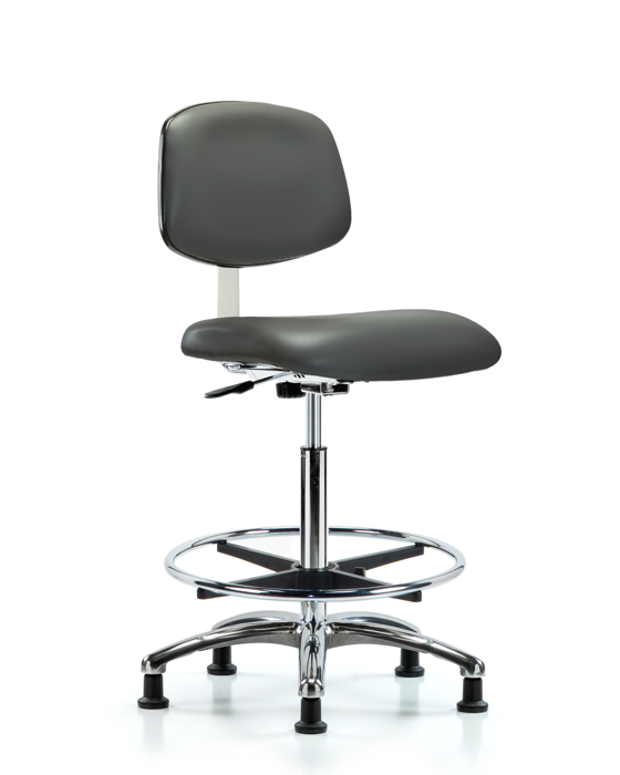 Blue Ridge Ergonomics CLR-VHBCH-CR-CF-RG-8823 Class 10 Clean Room Vinyl Chair Chrome - High Bench Height with Chrome Foot Ring & Stationary Glides in Carbon Supernova™ Vinyl