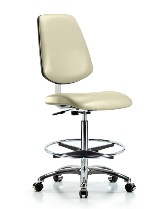 Blue Ridge Ergonomics CLR-VHBCH-MB-CR-CF-CC-8501 Class 10 Clean Room Vinyl Chair Chrome - High Bench Height with Medium Back, Chrome Foot Ring, & Casters in Adobe White Trailblazer™ Vinyl