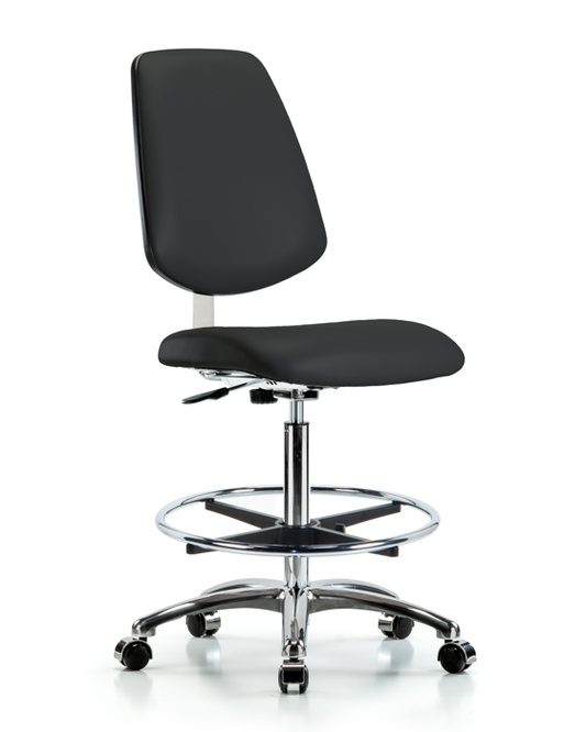 Blue Ridge Ergonomics CLR-VHBCH-MB-CR-CF-CC-8540 Class 10 Clean Room Vinyl Chair Chrome - High Bench Height with Medium Back, Chrome Foot Ring, & Casters in Black Trailblazer™ Vinyl