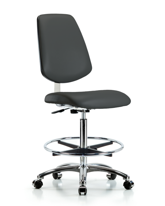 Blue Ridge Ergonomics CLR-VHBCH-MB-CR-CF-CC-8605 Class 10 Clean Room Vinyl Chair Chrome - High Bench Height with Medium Back, Chrome Foot Ring, & Casters in Charcoal Trailblazer™ Vinyl