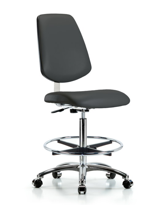 Blue Ridge Ergonomics CLR-VHBCH-MB-CR-CF-CC-8605 Class 10 Clean Room Vinyl Chair Chrome - High Bench Height with Medium Back, Chrome Foot Ring, & Casters in Charcoal Trailblazer™ Vinyl
