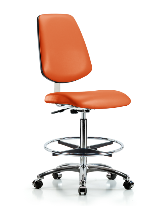 Blue Ridge Ergonomics CLR-VHBCH-MB-CR-CF-CC-8613 Class 10 Clean Room Vinyl Chair Chrome - High Bench Height with Medium Back, Chrome Foot Ring, & Casters in Orange Kist Trailblazer™ Vinyl