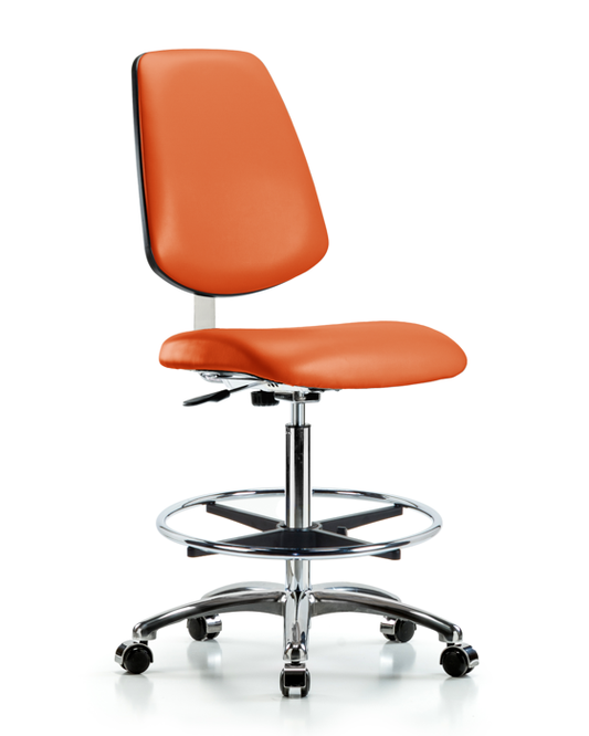 Blue Ridge Ergonomics CLR-VHBCH-MB-CR-CF-CC-8613 Class 10 Clean Room Vinyl Chair Chrome - High Bench Height with Medium Back, Chrome Foot Ring, & Casters in Orange Kist Trailblazer™ Vinyl