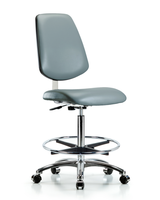 Blue Ridge Ergonomics CLR-VHBCH-MB-CR-CF-CC-8822 Class 10 Clean Room Vinyl Chair Chrome - High Bench Height with Medium Back, Chrome Foot Ring, & Casters in Storm Supernova™ Vinyl