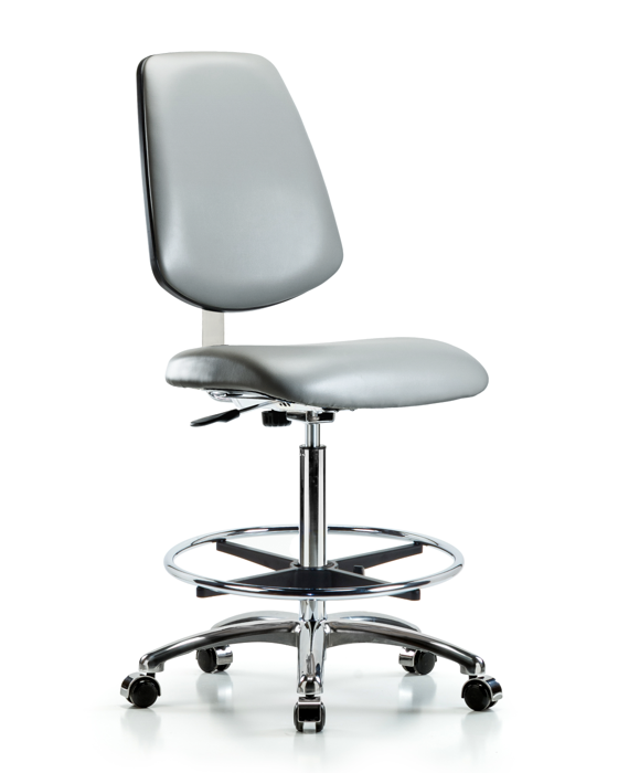 Blue Ridge Ergonomics CLR-VHBCH-MB-CR-CF-CC-8840 Class 10 Clean Room Vinyl Chair Chrome - High Bench Height with Medium Back, Chrome Foot Ring, & Casters in Sterling Supernova™ Vinyl