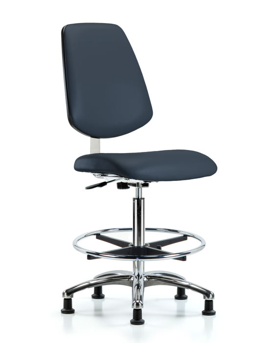 Blue Ridge Ergonomics CLR-VHBCH-MB-CR-CF-RG-8582 Class 10 Clean Room Vinyl Chair Chrome - High Bench Height with Medium Back, Chrome Foot Ring, & Stationary Glides in Imperial Blue Trailblazer™ Vinyl