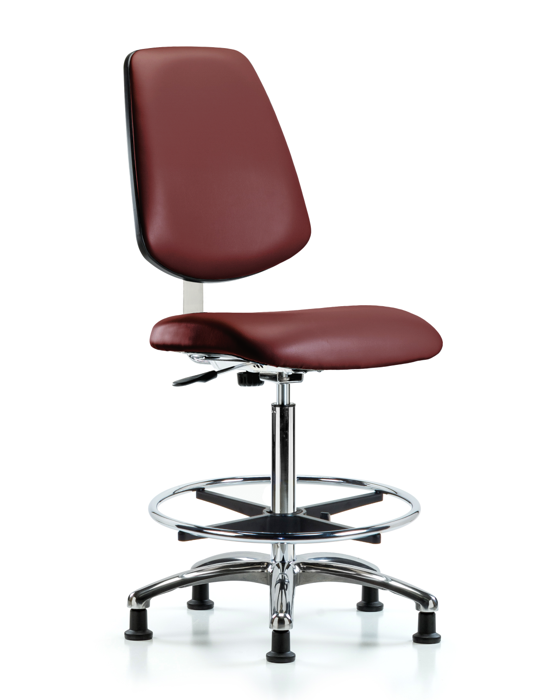 Blue Ridge Ergonomics CLR-VHBCH-MB-CR-CF-RG-8815 Class 10 Clean Room Vinyl Chair Chrome - High Bench Height with Medium Back, Chrome Foot Ring, & Stationary Glides in Borscht Supernova™ Vinyl