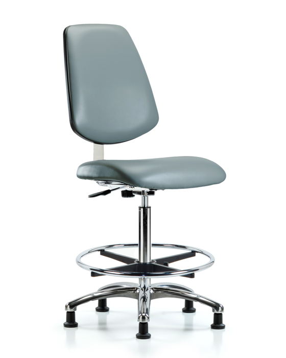 Blue Ridge Ergonomics CLR-VHBCH-MB-CR-CF-RG-8822 Class 10 Clean Room Vinyl Chair Chrome - High Bench Height with Medium Back, Chrome Foot Ring, & Stationary Glides in Storm Supernova™ Vinyl
